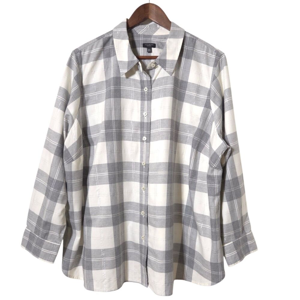Talbots Shirt Women's 3X Petite White Gray Plaid Tab Sleeves Long Sleeve